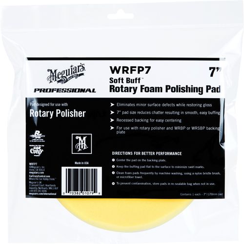 Meguiar's WRFP7 Rotary Polishing Pad, 7 in Dia, Hook and Loop Attachment, Foam Pad, Yellow