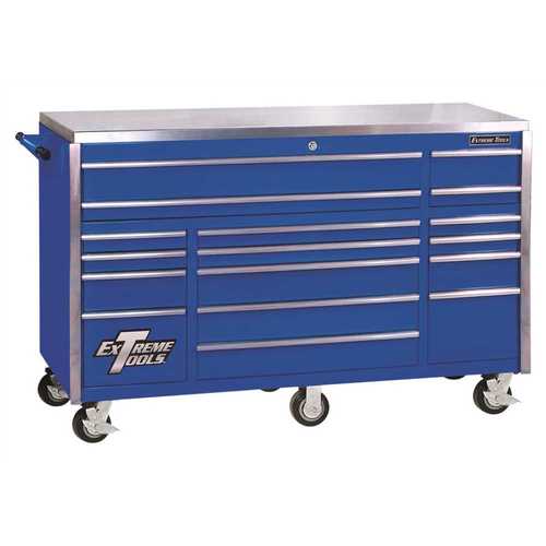 Extreme Tools EX7217RCBL 72 in. 17-Drawer Professional Roller Cabinet with Stainless Steel Work Surface in Blue