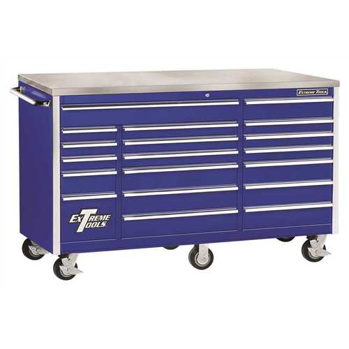Extreme Tools EX7218RCBL 72 in. 18-Drawer Triple Bank Standard Roller Cabinet Tool Chest with Stainless Steel Work Surface in Blue