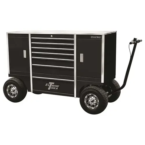 70 in. 7-Drawer 2-Compartment Pit Box with Stainless Steel Work Surface and Hand-Controlled Disc Brake in Black