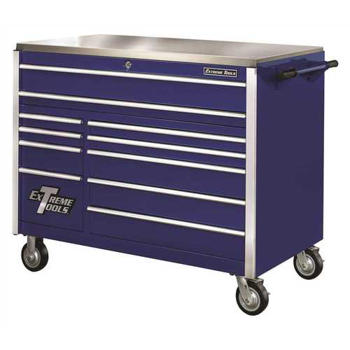Extreme Tools EX5511RCBL 55 in. 11-Drawer Professional Roller Cabinet with Stainless Steel Work Surface in Blue