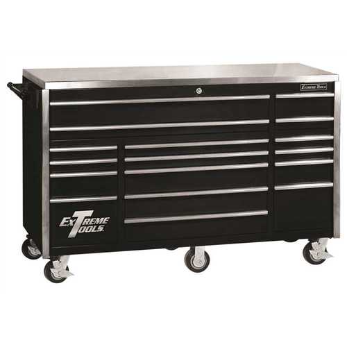 Extreme Tools EX7217RCBK 72 in. 17-Drawer Professional Roller Cabinet with Stainless Steel Work Surface in Black