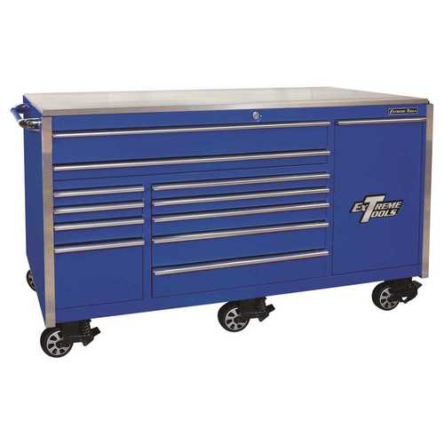Extreme Tools EX7612RCBL 76 in. 12-Drawer Professional Roller Cabinet Includes Vertical Power Tool Drawer & Stainless Steel Work Surface in Blue