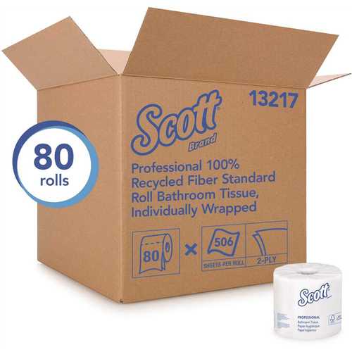 100% Recycled Fiber Bulk Toilet Paper 2-PLY Standard Rolls, White (506 Sheets / Roll, ) - pack of 80