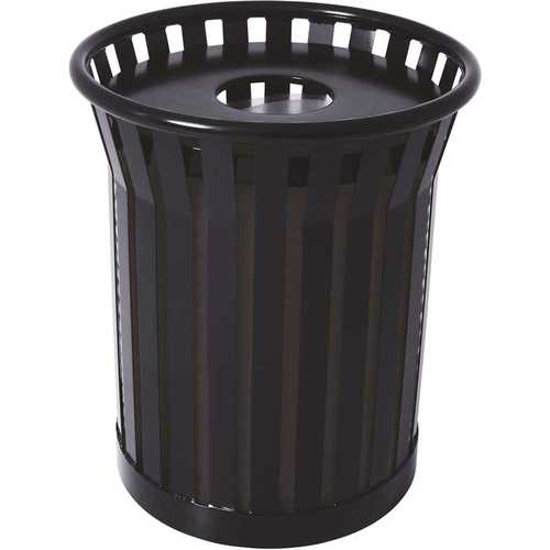The Park Catalog 398-8002-2 Plaza 36 Gal. Black Steel Strap Trash Receptacle with Flat Top