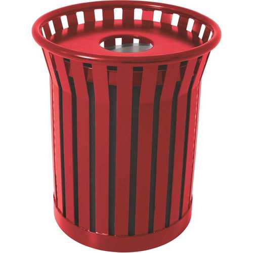 Plaza 36 Gal. Red Steel Strap Trash Receptacle with Flat Top