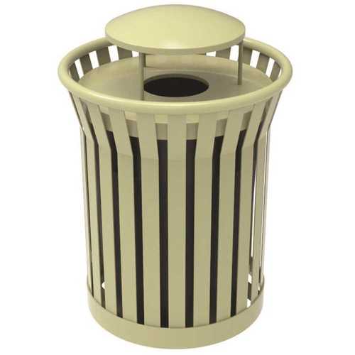 Plaza 36 Gal. Beige Steel Strap Trash Receptacle with Rain Bonnet Brown