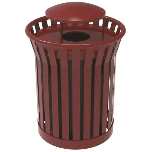 Plaza 36 Gal. Burgundy Steel Strap Trash Receptacle with Rain Bonnet a Red