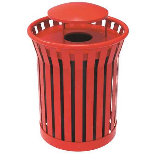 Plaza 36 Gal. Red Steel Strap Trash Receptacle with Rain Bonnet