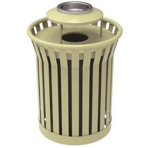 Plaza 36 Gal. Beige Steel Strap Trash Receptacle with Ash Urn Brown