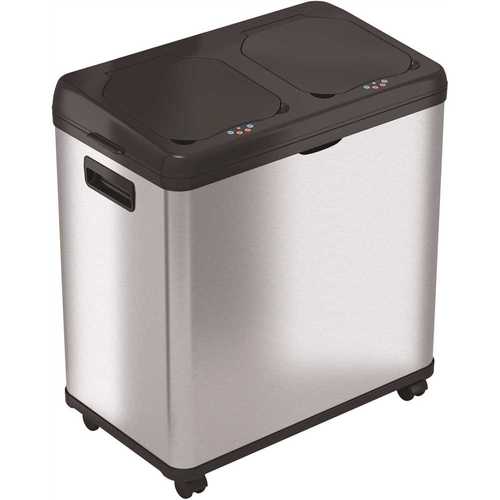 HLS COMMERCIAL HLS16DCSS 16 Gal. Automatic Dual-Compartment Recycler Sensor Stainless Steel Trash Can with Wheels