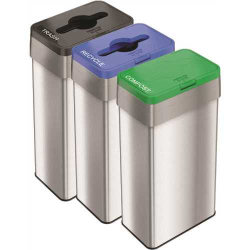 HLS COMMERCIAL HLS21UOTTRIO 21 Gal. Stainless Steel Recycle, Compost, and Trash Bins Set with Opening Lids