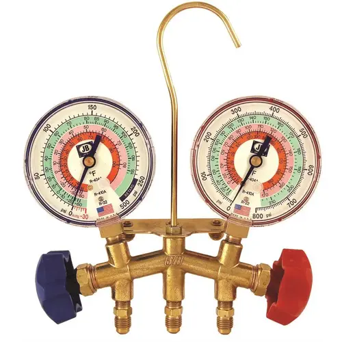 JB INDUSTRIES M2-8-410A M2 Series Brass 2-Valve Charging Manifold Assembly for r-22, r-404a, and r-410a Multi