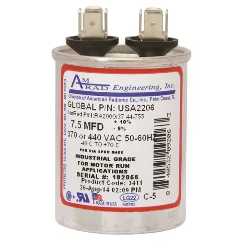 Amrad Engineering USA2206 ROUND USA-MADE MOTOR RUN CAPACITOR, 7.5 MFD, 370/440 VAC Silver