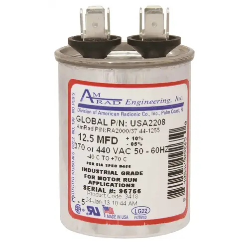 Amrad Engineering USA2208 ROUND USA-MADE MOTOR RUN CAPACITOR, 12.5 MFD, 370/440 VAC Silver