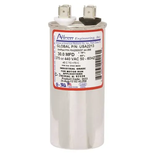 Amrad Engineering USA2213 ROUND USA-MADE MOTOR RUN CAPACITOR, 30 MFD, 370/440 VAC Silver