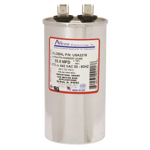Amrad Engineering USA2218 ROUND USA-MADE MOTOR RUN CAPACITOR, 55 MFD, 370/440 VAC Silver