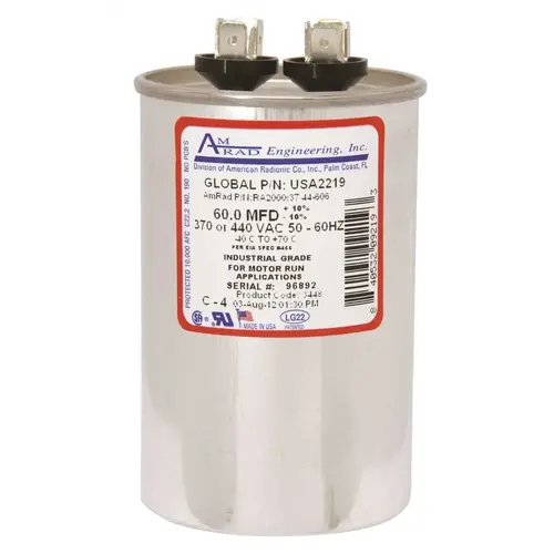 Amrad Engineering USA2219 ROUND USA-MADE MOTOR RUN CAPACITOR, 60 MFD, 370/440 VAC Silver