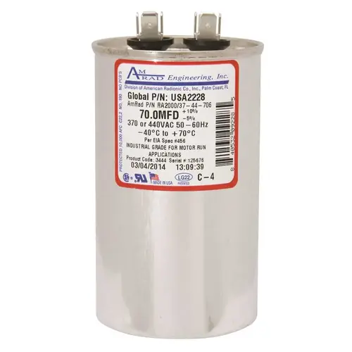 Amrad Engineering USA2228 ROUND USA-MADE MOTOR RUN CAPACITOR, 70 MFD, 370/440 VAC Silver