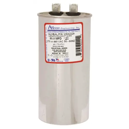 Amrad Engineering USA2229 ROUND USA-MADE MOTOR RUN CAPACITOR, 80 MFD, 370/440 VAC Silver