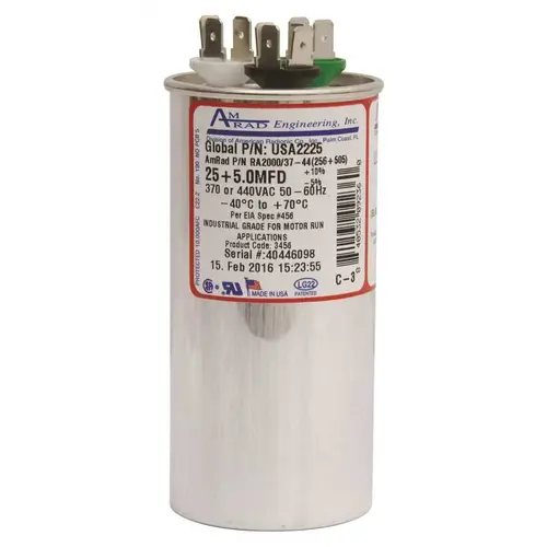 Amrad Engineering USA2225 ROUND USA-MADE MOTOR RUN CAPACITOR, 25/5 MFD, 370/440 VAC Silver