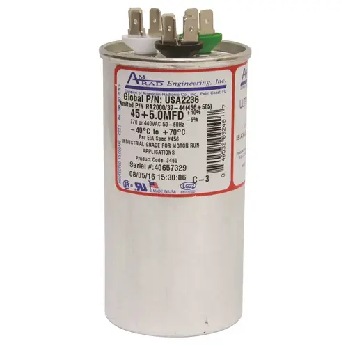 Amrad Engineering USA2236 ROUND USA-MADE MOTOR RUN CAPACITOR, 45/5 MFD, 370/440 VAC Silver