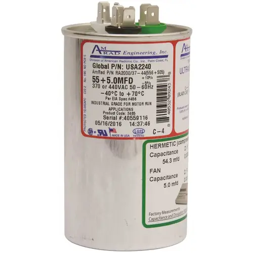 ROUND USA-MADE MOTOR RUN CAPACITOR, 55/5 MFD, 370/440 VAC Silver