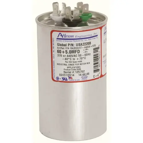 Amrad Engineering USA2220B ROUND USA-MADE MOTOR RUN CAPACITOR, 60/5 MFD, 370/440 VAC Silver