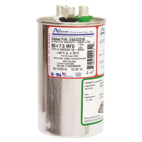 Amrad Engineering USA2221B ROUND USA-MADE MOTOR RUN CAPACITOR, 60/7.5 MFD, 370/440 VAC Silver