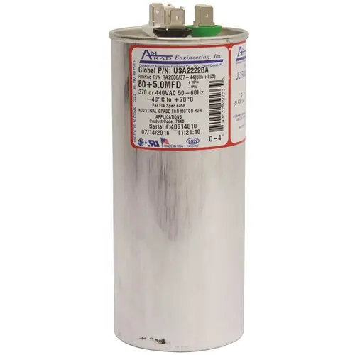 Amrad Engineering USA2222BA ROUND USA-MADE MOTOR RUN CAPACITOR, 80/5 MFD, 370/440 VAC Silver