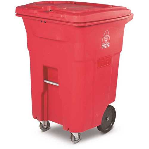 Toter RMC96-01RED 96 Gal. Red Hazardous Waste Trash Can with Wheels and Lid Lock (2 Caster Wheels 2 Stationary Wheels)
