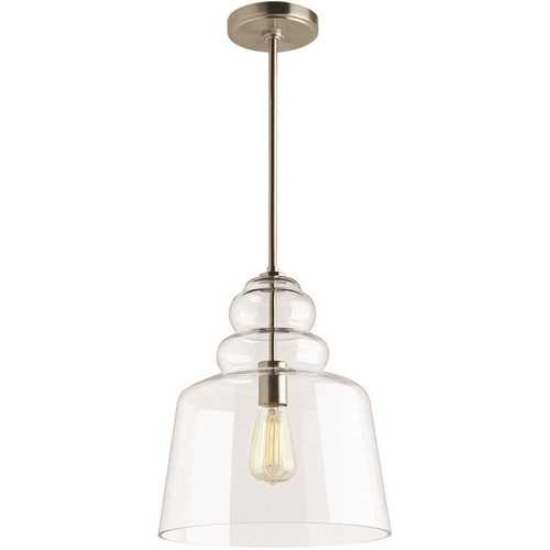 Agatha 12.5 in. W x 14.75 in. H 1-Light Clear Glass Pendant with Brushed Nickel Accents and Vintage Edison Bulb