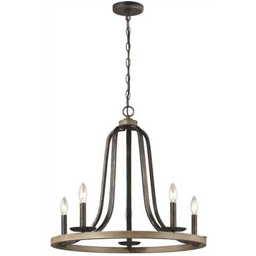 Conal 5-Light Weathered Gray Wagon Wheel Rustic Farmhouse Bell Candlestick Chandelier with Distressed Oak Finish Accents