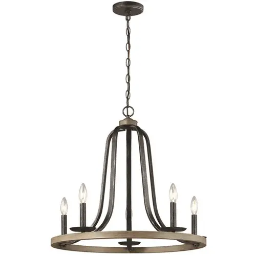 Sea Gull Lighting 3115905-846 Conal 5-Light Weathered Gray Wagon Wheel Rustic Farmhouse Bell Candlestick Chandelier with Distressed Oak Finish Accents Color/Finish Family