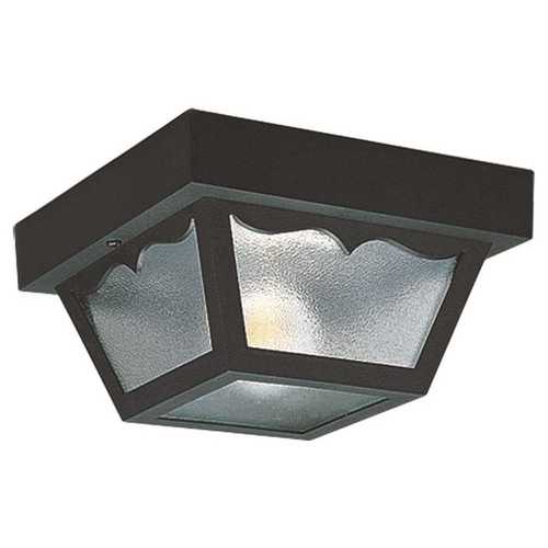 Sea Gull Lighting 7567-32 Outdoor Ceiling 1-Light 8.25 in. W Black Plastic Square Flush Mount Ceiling Fixture with Clear Textured Glass Shade