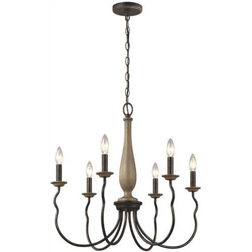 Simira 6-Light Weathered Gray Classic Rustic Farmhouse Hanging Candlestick Chandelier with Distressed Oak Finish Accents