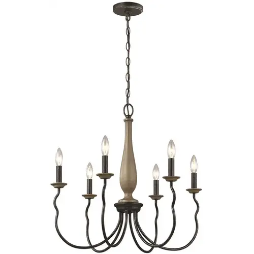 Sea Gull Lighting 3115806-846 Simira 6-Light Weathered Gray Classic Rustic Farmhouse Hanging Candlestick Chandelier with Distressed Oak Finish Accents Color/Finish Family