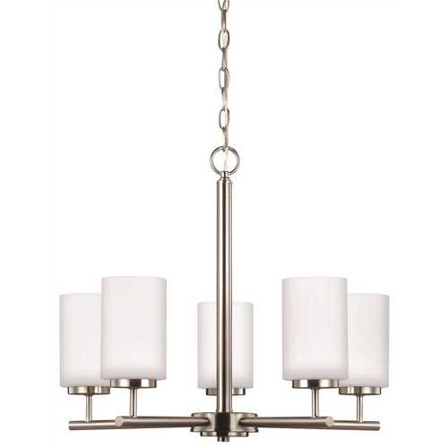 Oslo 5-Light Brushed Nickel Transitional Contemporary Hanging Chandelier with Opal Etched Glass Shades