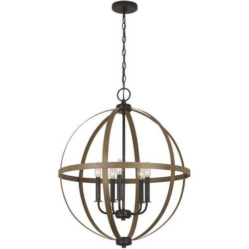 Sea Gull Lighting 5251005-846 Calhoun 5-Light Weathered Gray Rustic Farmhouse Hanging Globe Candlestick Chandelier with Distressed Oak Finish Accents