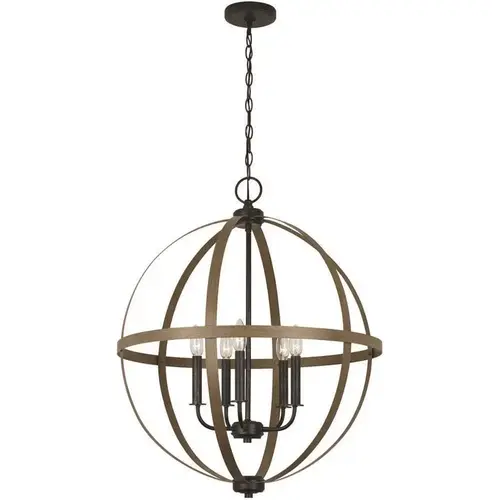 Sea Gull Lighting 5251005-846 Calhoun 5-Light Weathered Gray Rustic Farmhouse Hanging Globe Candlestick Chandelier with Distressed Oak Finish Accents Color/Finish Family