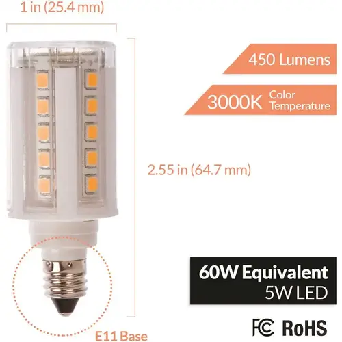 60-Watt Equivalent E11 120-Volt 3000K Non-Dimmable Mini-Candelabra Base LED Light Bulbs Warm White - pack of 4