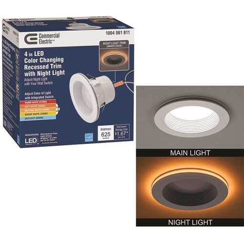 Commercial Electric 53805101 4 in. Color Selectable CCT Integrated LED Recessed Light Trim with Night Light Feature 625 Lumens Dimmable