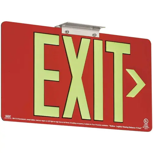 Red Aluminum Single Face Exit Sign with Photoluminescent Letters, 50 ft. Viewing Distance