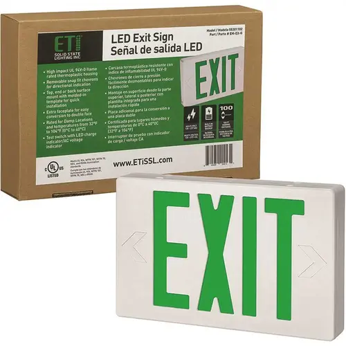 11 in. 60-Watt Equivalent White Integrated LED Green Letter Exit Sign with Built-in Battery Backup and Extra Faceplate Color/Finish Family