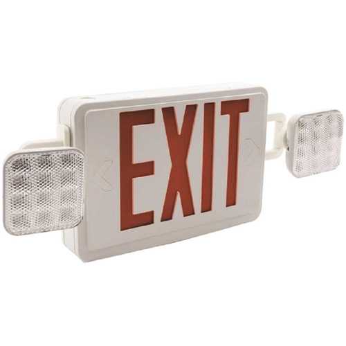 24-Watt Equivalent Dual Voltage Integrated LED White Exit Sign and Twin Square Head Emergency Light Combo Red Letter