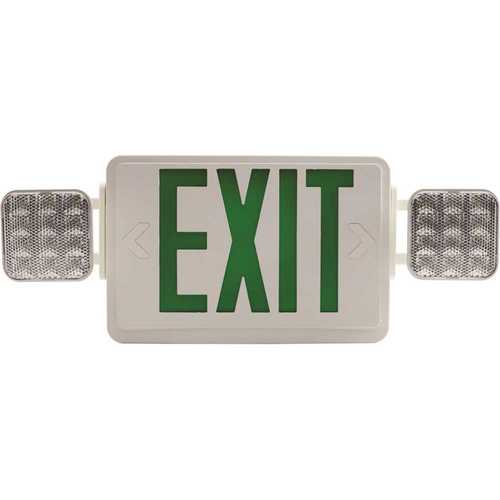 24-Watt Equivalent Dual Voltage Integrated LED White Exit Sign and Twin Square Head Emergency Light Combo Green Letters
