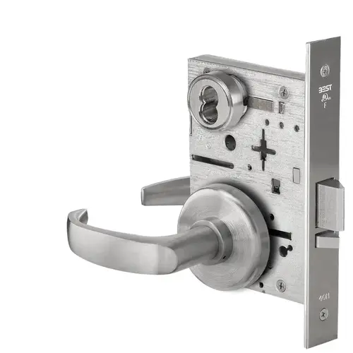 Grade 1 Classroom Mortise Lock, Lead Lined, 14 Lever, H Rose, SFIC Housing Less Core, Satin Chrome Anti-Microbial Finish, Field Reversible Satin Chrome Anti-Microbial