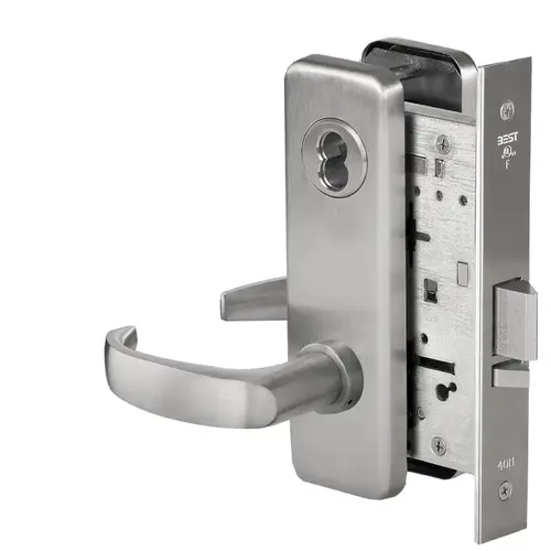 Grade 1 Storeroom Mortise Lock, Vandal Trim, 14 Lever, J Escutcheon, SFIC Housing Less Core, Satin Stainless Steel Finish, Field Reversible Satin Stainless Steel