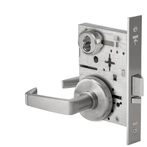 Grade 1 Storeroom Mortise Lock, Outside Knob, H Rose Tactile, 15 Lever, H Rose, SFIC Housing Less Core, Satin Chrome Finish, Field Reversible Satin Chrome