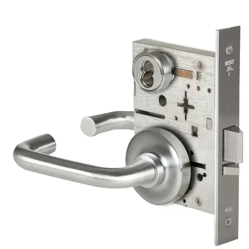 Grade 1 Entrance Mortise Lock, 3 Lever, R Rose, SFIC Housing Less Core, Satin Stainless Steel Finish, Field Reversible Satin Stainless Steel